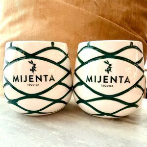 NWT Set of 2 Mijenta Tequila Rabbit Design Green Ivory Ceramic Cups Barware Mug